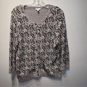 Talbots SZ M Black White Floral  3/4 Sleeve Round Neck Cotton Button Up Cardigan